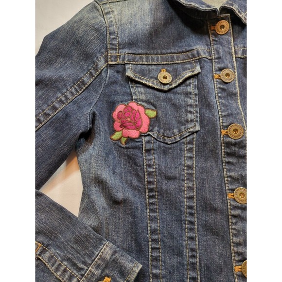 DKNY Juniors Jacket Blue Denim Collared Buttons Patches And Heart Logo Size L - Picture 3 of 16